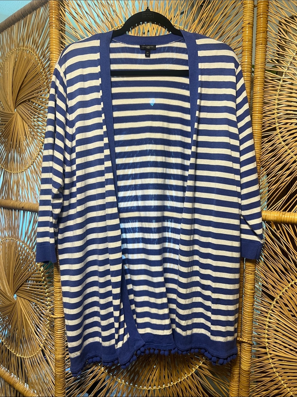 Talbots Blue and Cream Striped Pom-Pom Hem Cardigan